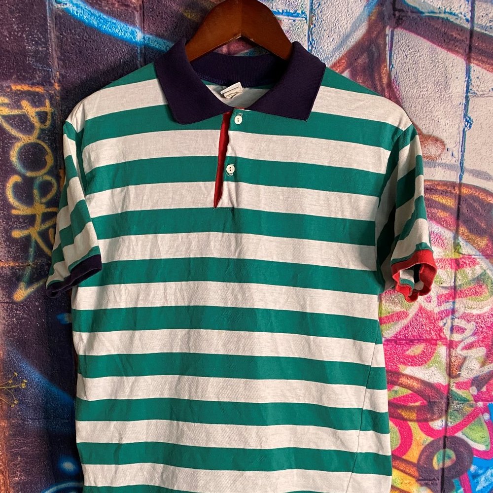 Vintage | Bright's Creek | Multi Color Big Stripes | Made in USA Polo Shirt | M